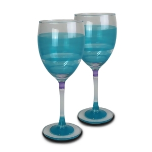 Set of 2 Turquoise Retro Stripe Hand Painted Wine Drinking Glasses 10.5 Ounces - All