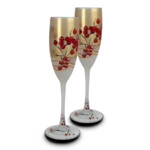 Set of 2 Berries Branches Hand Painted Champagne Flute Drink Glass 5.75 Oz. - All