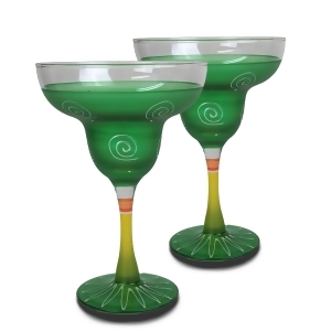 Set of 2 Dark Green White Hand Painted Margarita Drinking Glasses 12 Ounces - All