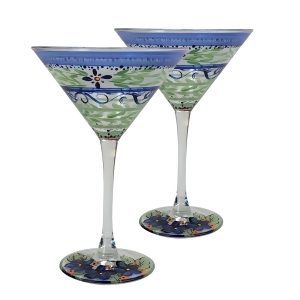 Set of 2 Blue Floral Hand Painted Martini Drinking Glasses 7.5 Ounces - All