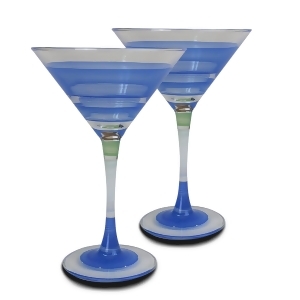 Set of 2 Blue Retro Stripe Hand Painted Martini Drinking Glasses 7.5 Ounces - All