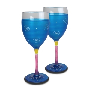 Set of 2 Turquoise and White Hand Painted Wine Drinking Glasses 10.5 Ounces - All