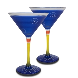 Set of 2 Dark Blue White Hand Painted Martini Drinking Glasses 7.5 Ounces - All