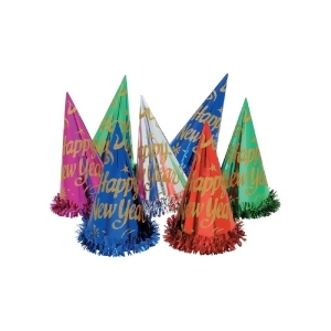 50 Multi-Colored Glittered Happy New Year Party Hats with Metallic Fringe Trim - All