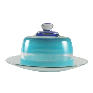 Turquoise Retro Stripe Hand Painted Glass Cheese Dome with Plate 6 - All