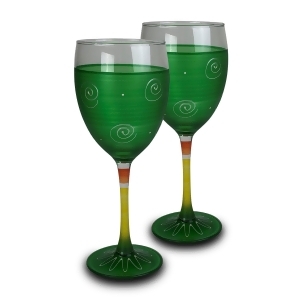 Set of 2 Dark Green White Hand Painted Wine Drinking Glasses 10.5 Ounces - All
