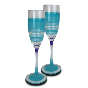 Set of 2 Turquoise Stripe Hand Painted Champagne Drinking Glasses 5.75 Ounces - All
