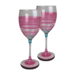 Set of 2 Pink Retro Stripe Hand Painted Wine Drinking Glasses 10.5 Ounces - All