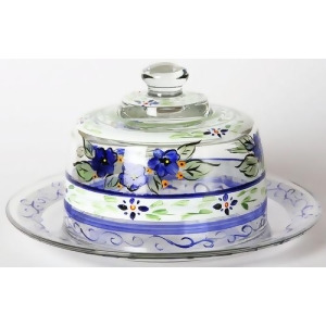Blue Floral with Stripes Hand Painted Glass Cheese Dome with Plate 6 - All