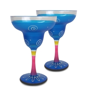 Set of 2 Turquoise White Hand Painted Margarita Drinking Glasses 12 Ounces - All