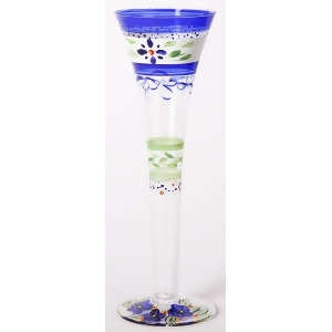 Set of 2 Blue Floral Hand Painted Hollow Stem Flute Drinking Glasses 16 Oz. - All