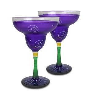 Set of 2 Purple White Hand Painted Margarita Drinking Glasses 12 Ounces - All