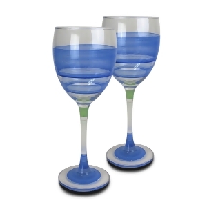 Set of 2 Blue Retro Stripe Hand Painted Wine Drinking Glasses 10.5 Ounces - All