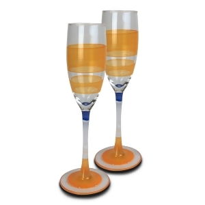 Set of 2 Orange Retro Stripe Hand Painted Champagne Drinking Glasses 5.75 Oz. - All