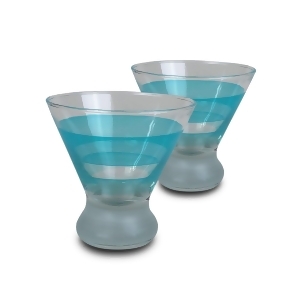Set of 2 Turquoise Stripe Hand Painted Cosmopolitan Wine Glasses 8.25 Ounces - All