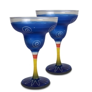 Set of 2 Dark Blue White Hand Painted Margarita Drinking Glasses 12 Ounces - All