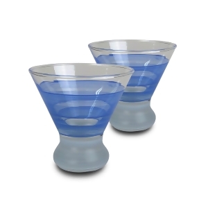 Set of 2 Blue Retro Stripe Hand Painted Cosmopolitan Wine Glasses 8.25 Ounces - All