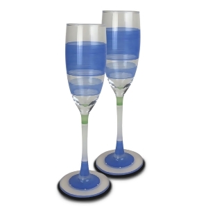 Set of 2 Blue Retro Stripe Hand Painted Champagne Drinking Glasses 5.75 Oz. - All