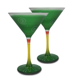 Set of 2 Dark Green White Hand Painted Martini Drinking Glasses 7.5 Ounces - All