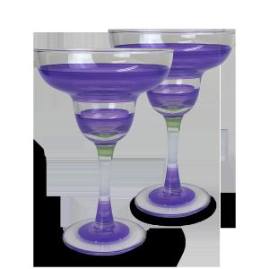 Set of 2 Blue Retro Stripe Hand Painted Margarita Drinking Glasses 12 Ounces - All