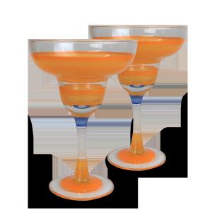 Set of 2 Orange Retro Stripe Hand Painted Margarita Drinking Glasses 12 Ounces - All