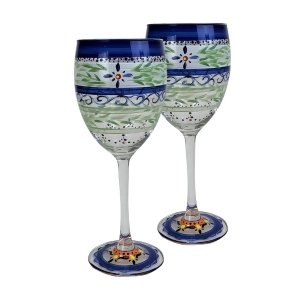 Set of 2 Blue Floral Hand Painted Wine Drinking Glasses 10.5 Ounces - All