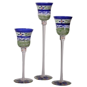 Set of 3 Blue Floral Hand Painted Stemmed Glass Votive Candleholders 12 - All