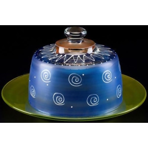 Frosted Dark Blue and White Hand Painted Glass Cheese Dome with Plate 6 - All
