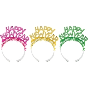 50 Multi-Colored Glittered Happy New Year Party Tiaras with Tinsel Fringe Trim - All