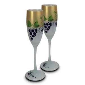 Set of 2 Grapes and Vines Hand Painted Champagne Flute Drinking Glass 5.75 Oz. - All