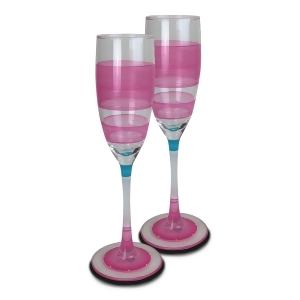 Set of 2 Pink Retro Stripe Hand Painted Champagne Drinking Glasses 5.75 Ounces - All