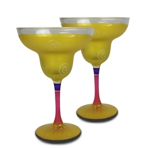 Set of 2 Yellow White Hand Painted Margarita Drinking Glasses 12 Ounces - All