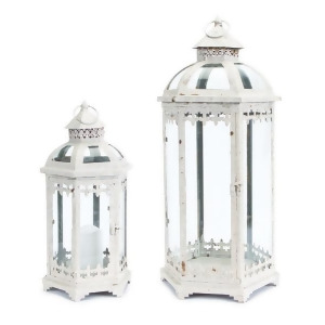 Set of 2 Fleur de Lis Weathered White Metal and Glass Pillar Candle Holder Lanterns 24.5 - All