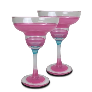 Set of 2 Pink Retro Stripe Hand Painted Margarita Drinking Glasses 12 Ounces - All