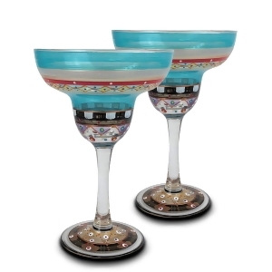 Set of 2 Mosaic Carnival Confetti Hand Painted Margarita Drinking Glass 12 Oz. - All