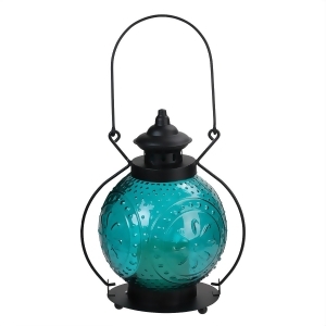 11 Ocean Blue Molded Glass Lantern with Flameless Led Pillar Timer Candle - All