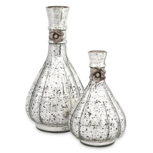 Set of 2 Antique Style Silver Speckled Mercury Glass Bottles with Flowers - All