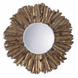 43 Antique Gold Leaf Gray Starburst Metal Framed Beveled Round Wall Mirror - All