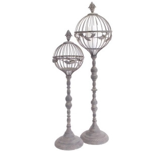 Set of 2 Distressed Finish Dome Pillar Candle Holders with Leaf Design - All