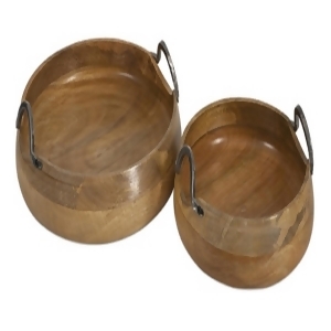 Set of 2 Coastal Inspired Roasted Honey Round Wooden Trays with Handles - All