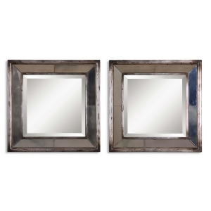 Set of 2 Antiqued Silver Leaf Black Framed Beveled Square Wall Mirrors 18 - All