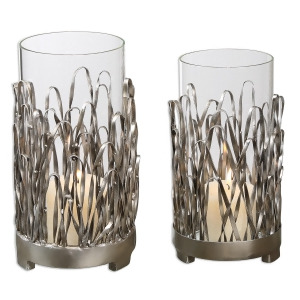 Set of 2 Silver Metal Clear Glass Hurricane Pillar Candle Holders 10 - All