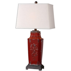 31 Deep Red Embossed Ceramic Oatmeal Linen Rectangular Box Shade Table Lamp - All