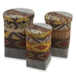 Set of 3 Bohemian Woven Batik Waterhyacinth Decorative Lidded Baskets - All
