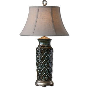 31 Rust Blue Ceramic Antiqued Silver Leaf Oatmeal Oval Bell Shade Table Lamp - All
