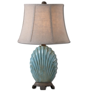23 Crackled Blue Ceramic Seashell Bronze Khaki Oval Bell Shade Table Lamp - All