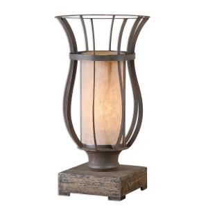 18 Distressed Wood Bronze Metal Oatmeal Linen Faux Candle Accent Lamp - All