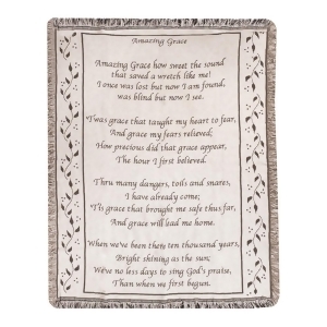 Ivory and Brown Amazing Grace Religious Hymn with Floral Border Fringed Two-Layer Jacquard Throw Blanket 60 X 46 - All