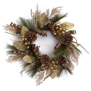 24 Brown and Gold Mixed Foliage Pine Cone Berries and Ribbon Artificial Christmas Wreath - All