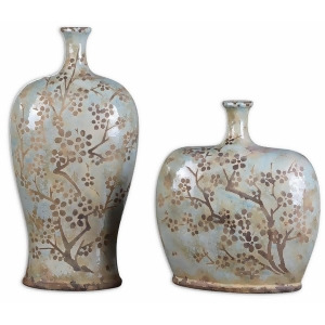 Set of 2 Antiqued Sea Foam Blue Khaki Cherry Blossom Ceramic Vases 18 - All